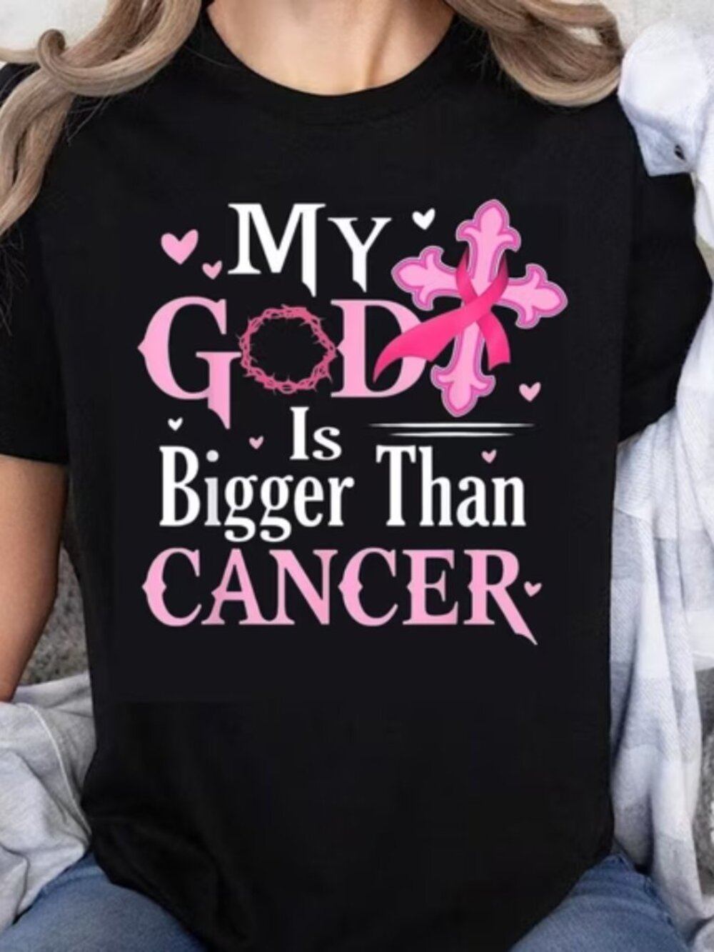 100% Cotton My God Is Bigger Than Cancer Pink Ribbon Christian Faith Breast Tee